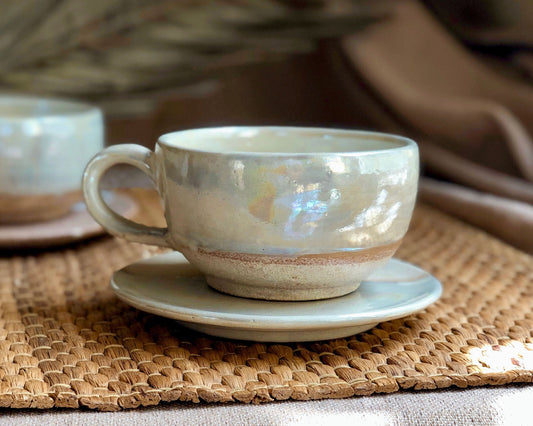 Beige Cup & Saucer Set | Cream, Pearly Iridescent and Rustic Glazing | Cappuccino/Lattee/Coffee Cup