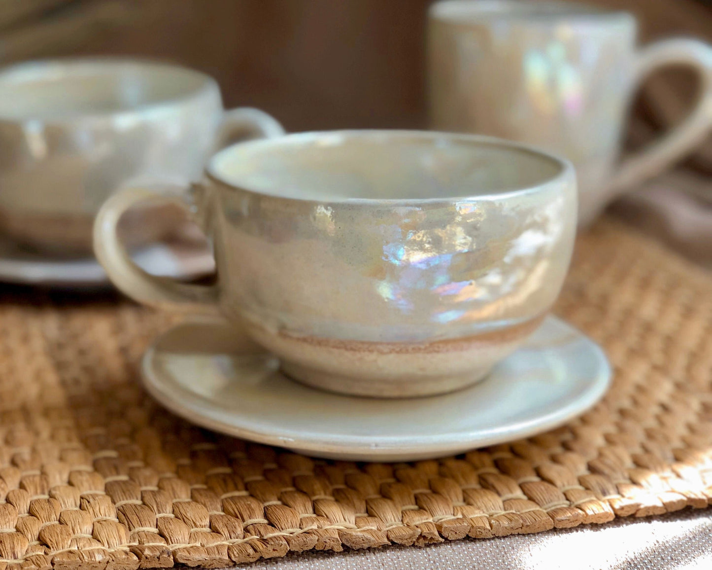 Beige Cup & Saucer Set | Cream, Pearly Iridescent and Rustic Glazing | Cappuccino/Lattee/Coffee Cup