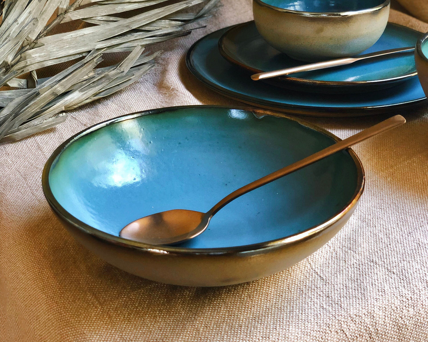 Peacock Blue Pasta Bowls Set | Metallic Gold Rim & Matt Rustic Green Exterior | Elegant Artistic Handmade Ceramic Dinnerware