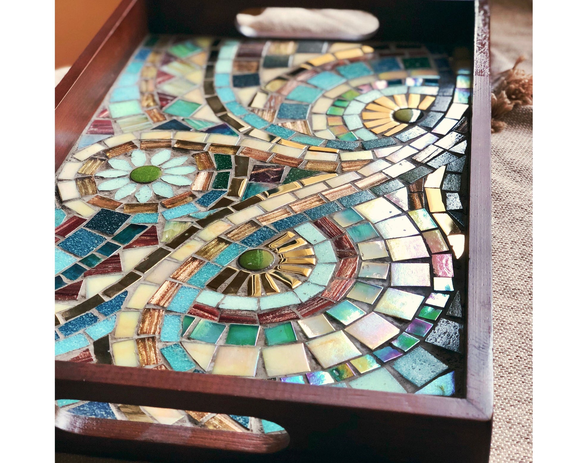 Multi-Color Mosaic Tray with an artistic design featuring Gold, Burgundy & Green embedded in a Wooden Frame - Handmade Home Decor