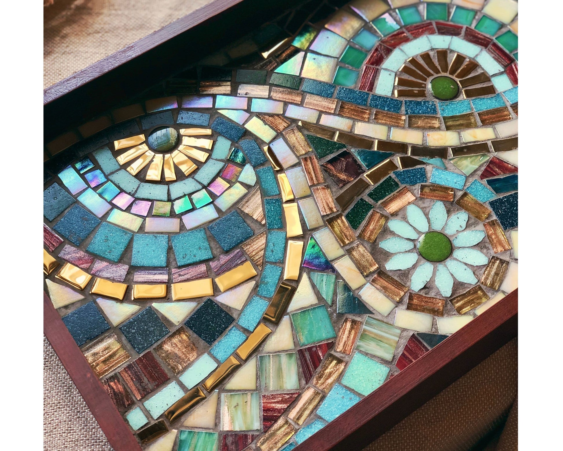 Multi-Color Mosaic Tray with an artistic design featuring Gold, Burgundy & Green embedded in a Wooden Frame - Handmade Home Decor