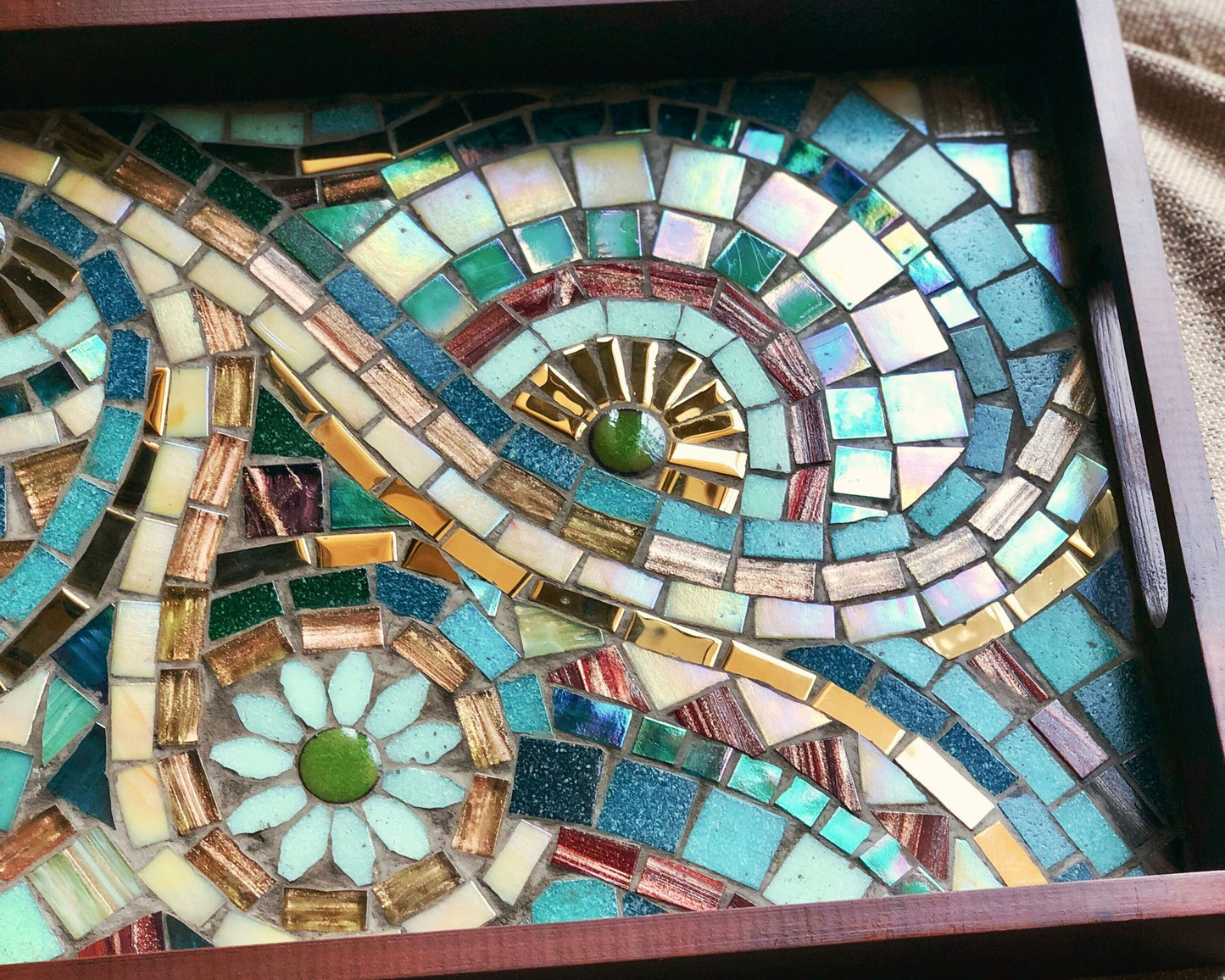 Multi-Color Mosaic Tray with an artistic design featuring Gold, Burgundy & Green embedded in a Wooden Frame - Handmade Home Decor