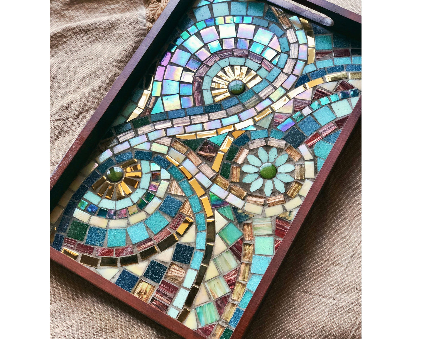 Multi-Color Mosaic Tray with an artistic design featuring Gold, Burgundy & Green embedded in a Wooden Frame - Handmade Home Decor