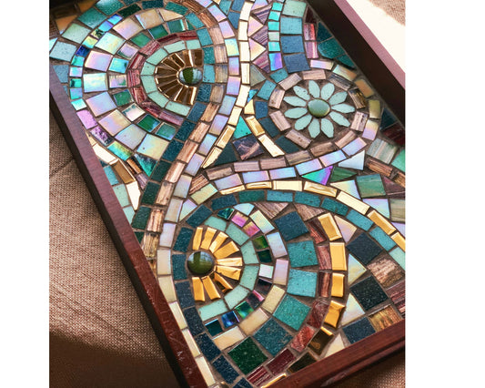 Multi-Color Mosaic Tray with an artistic design featuring Gold, Burgundy & Green embedded in a Wooden Frame - Handmade Home Decor