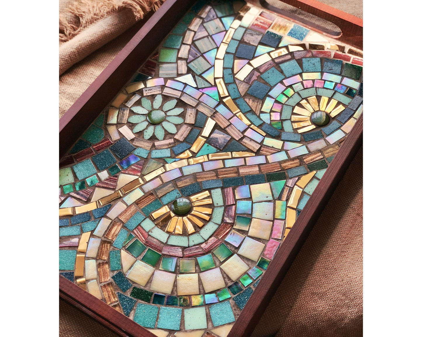 Multi-Color Mosaic Tray with an artistic design featuring Gold, Burgundy & Green embedded in a Wooden Frame - Handmade Home Decor