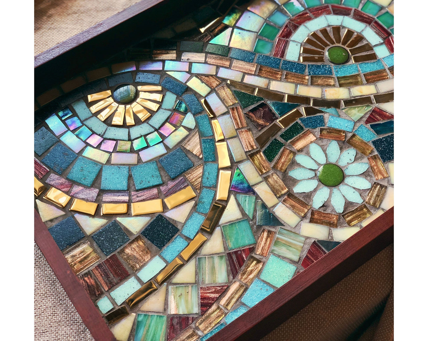 Multi-Color Mosaic Tray with an artistic design featuring Gold, Burgundy & Green embedded in a Wooden Frame - Handmade Home Decor