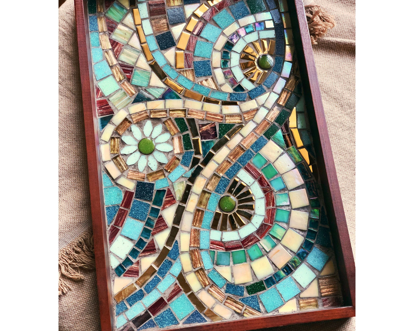 Multi-Color Mosaic Tray with an artistic design featuring Gold, Burgundy & Green embedded in a Wooden Frame - Handmade Home Decor