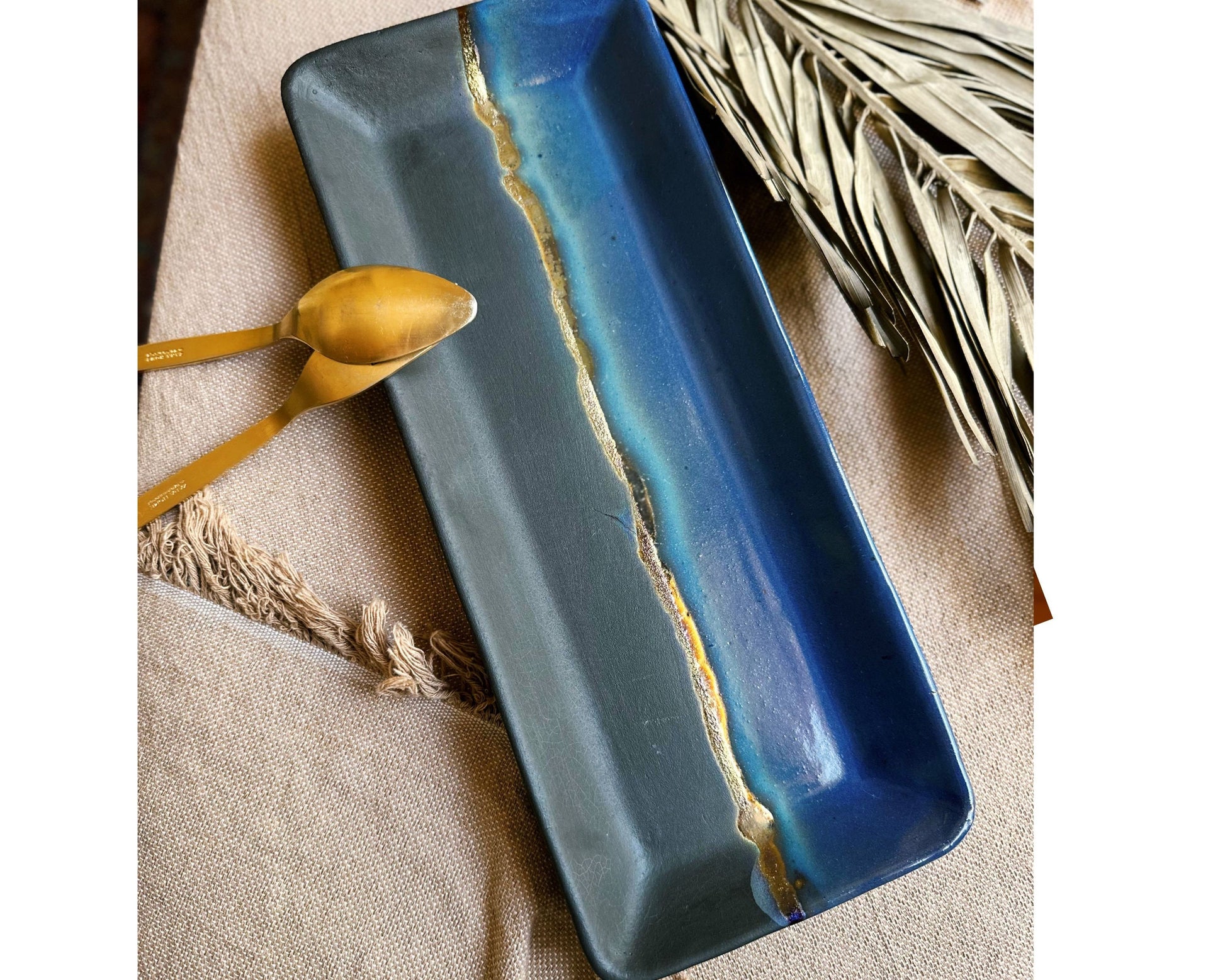 Black Serving Platter with shades of blue and a gold metallic stripe - multi-tone finish - Ceramic Dinnerware Serveware Rectangular Plate