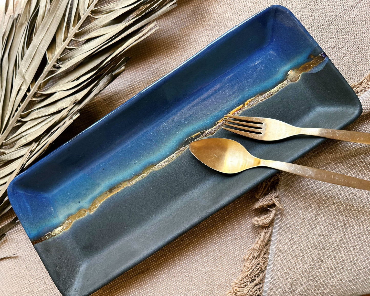 Black Serving Platter with shades of blue and a gold metallic stripe - multi-tone finish - Ceramic Dinnerware Serveware Rectangular Plate