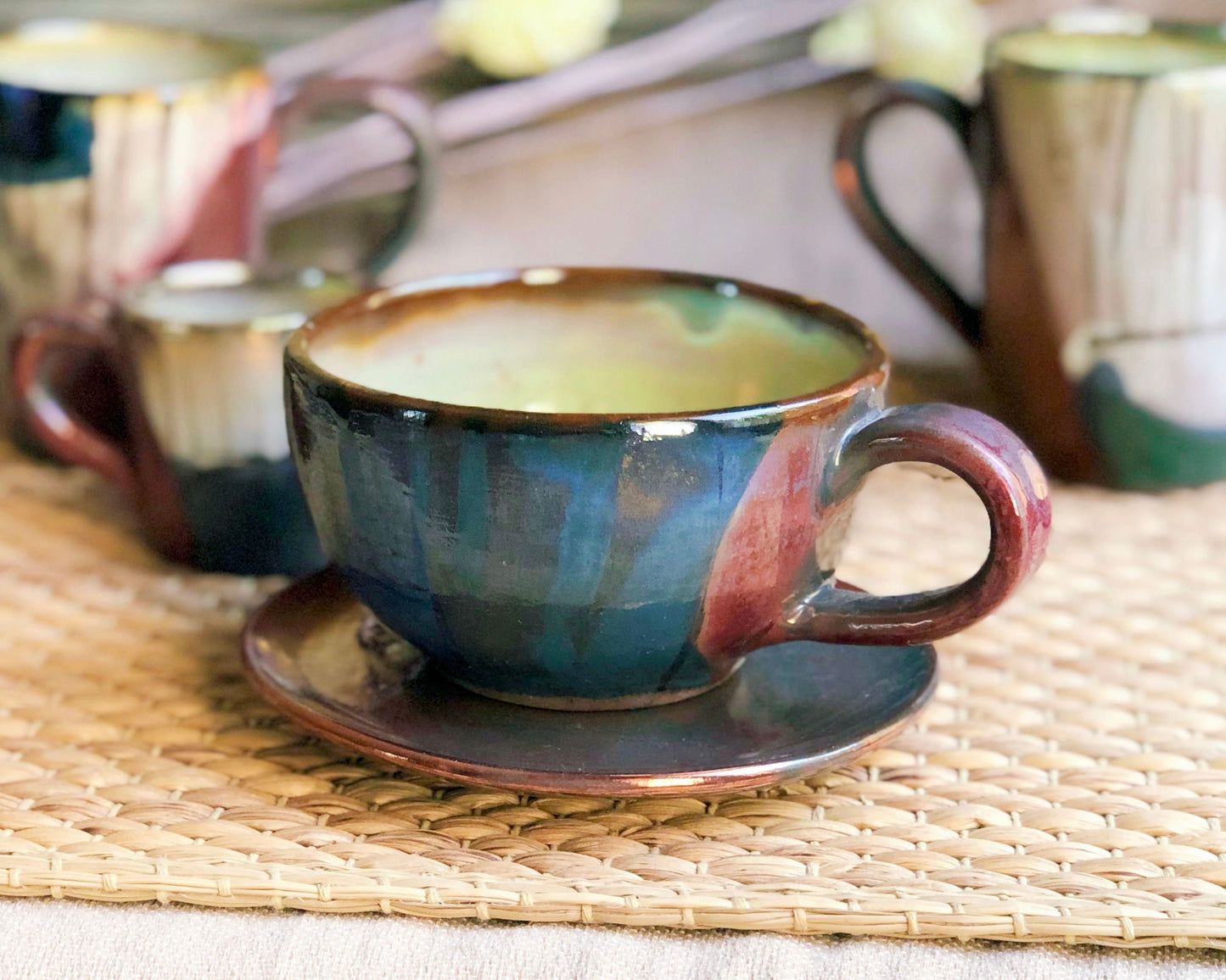 Artistic Big Cup & Saucer Set | for Cappuccino, Latte, Coffee, or Tea | featuring Multi-Color Abstract Art Design and Metallic Highlights