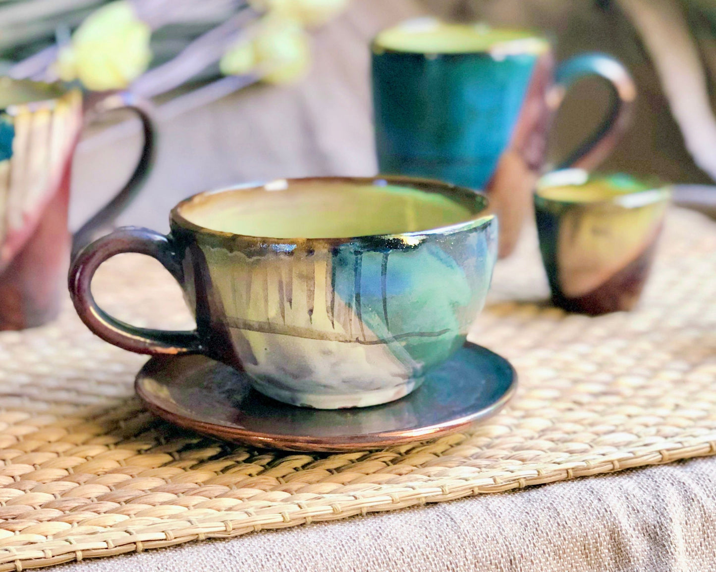 Artistic Big Cup & Saucer Set | for Cappuccino, Latte, Coffee, or Tea | featuring Multi-Color Abstract Art Design and Metallic Highlights