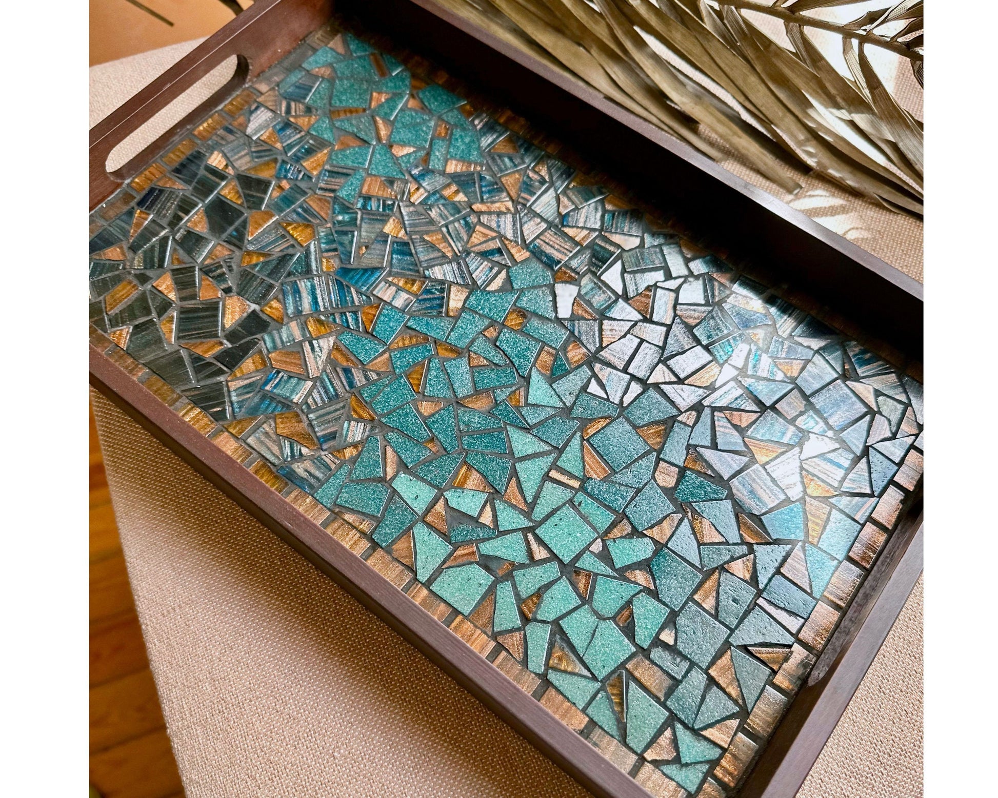 Mosaic & Wood Tray and Coaster Set | design featuring Teal, Blue, Brown and Hazelnut | in a Wooden Frame - Handmade Artisanal Home Decor