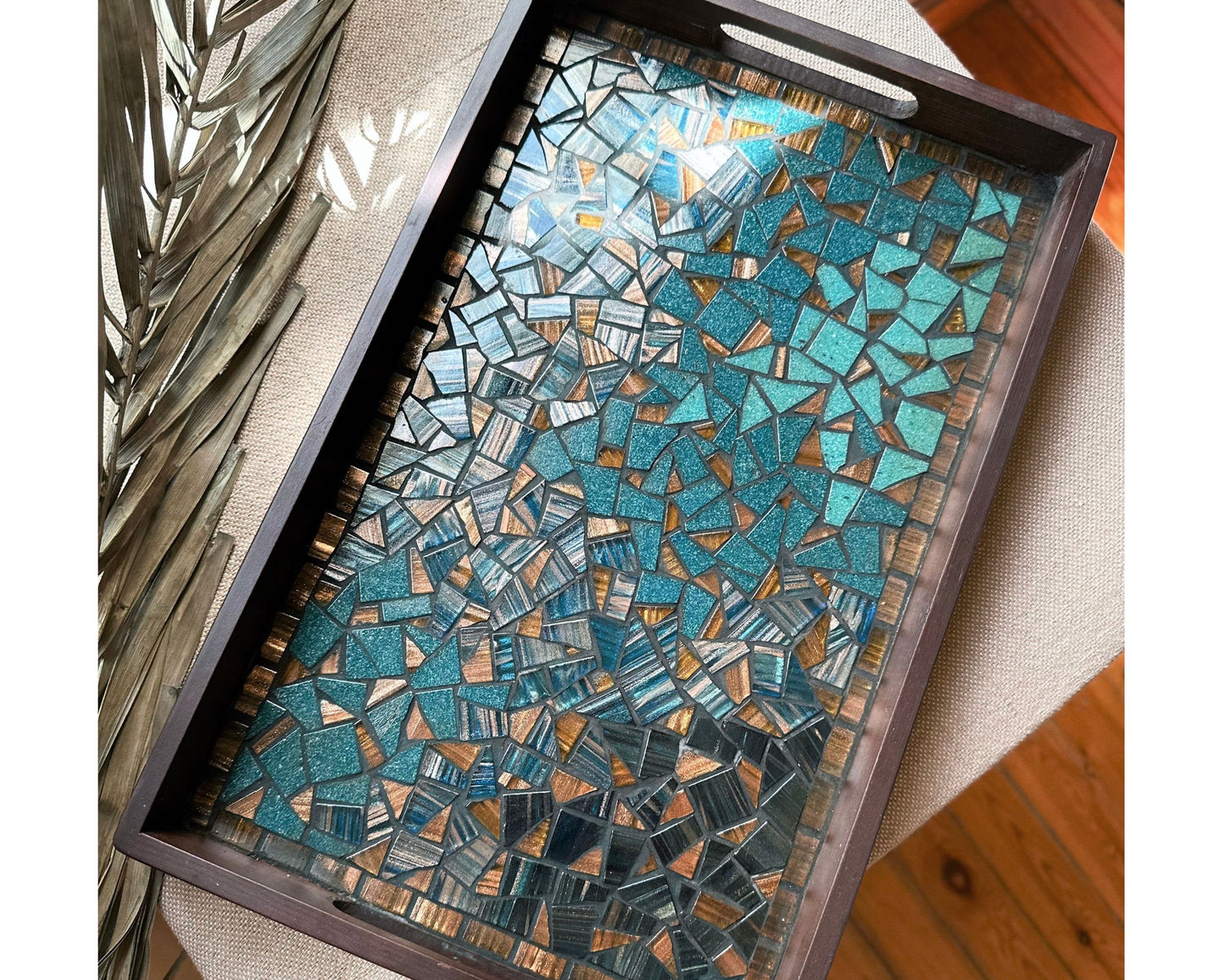 Mosaic & Wood Tray and Coaster Set | design featuring Teal, Blue, Brown and Hazelnut | in a Wooden Frame - Handmade Artisanal Home Decor