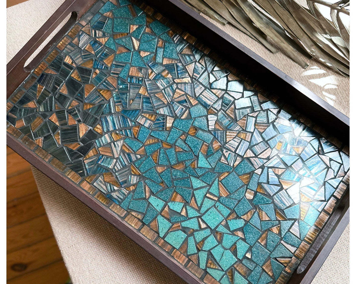 Mosaic & Wood Tray and Coaster Set | design featuring Teal, Blue, Brown and Hazelnut | in a Wooden Frame - Handmade Artisanal Home Decor