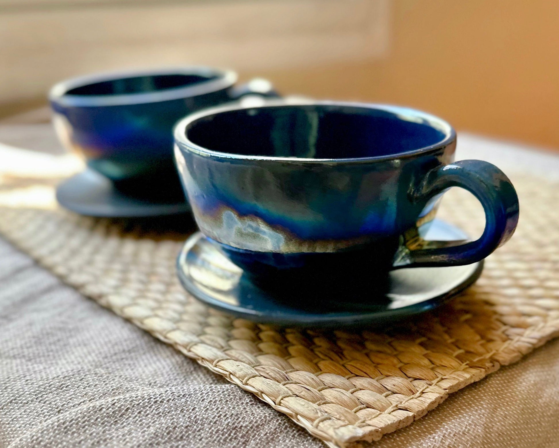 Black Cappuccino Cup with shades of Blue, and Gold Metallic Luster Stripe - Artistic Handmade Reduction Firing Pottery Cups