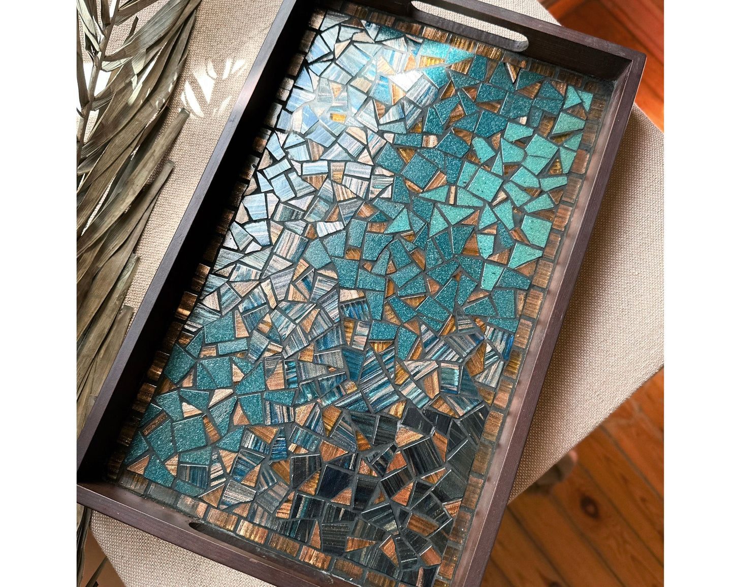 Mosaic & Wood Tray and Coaster Set | design featuring Teal, Blue, Brown and Hazelnut | in a Wooden Frame - Handmade Artisanal Home Decor