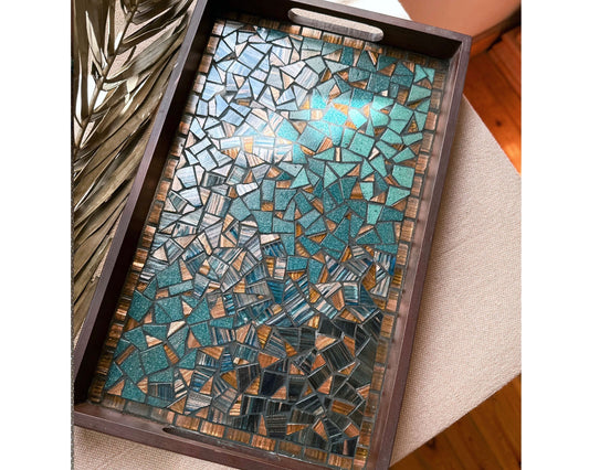 Mosaic & Wood Tray and Coaster Set | design featuring Teal, Blue, Brown and Hazelnut | in a Wooden Frame - Handmade Artisanal Home Decor