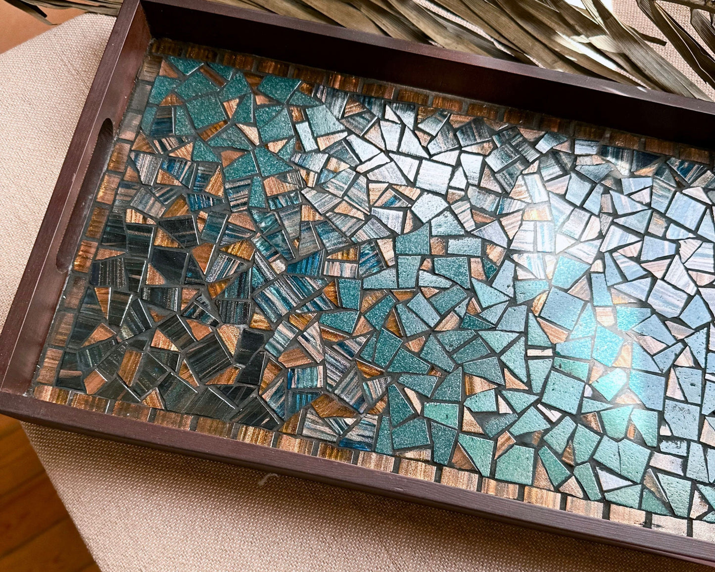 Mosaic & Wood Tray and Coaster Set | design featuring Teal, Blue, Brown and Hazelnut | in a Wooden Frame - Handmade Artisanal Home Decor