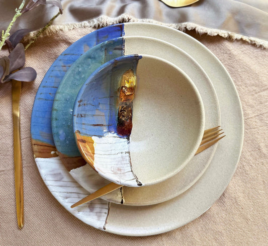 Beige Dinner Set | with Pastel Abstract Art & Metallic Stripe | 3-piece Artisanal Handmade Pottety/Ceramic Dinnerware | Artisan-made