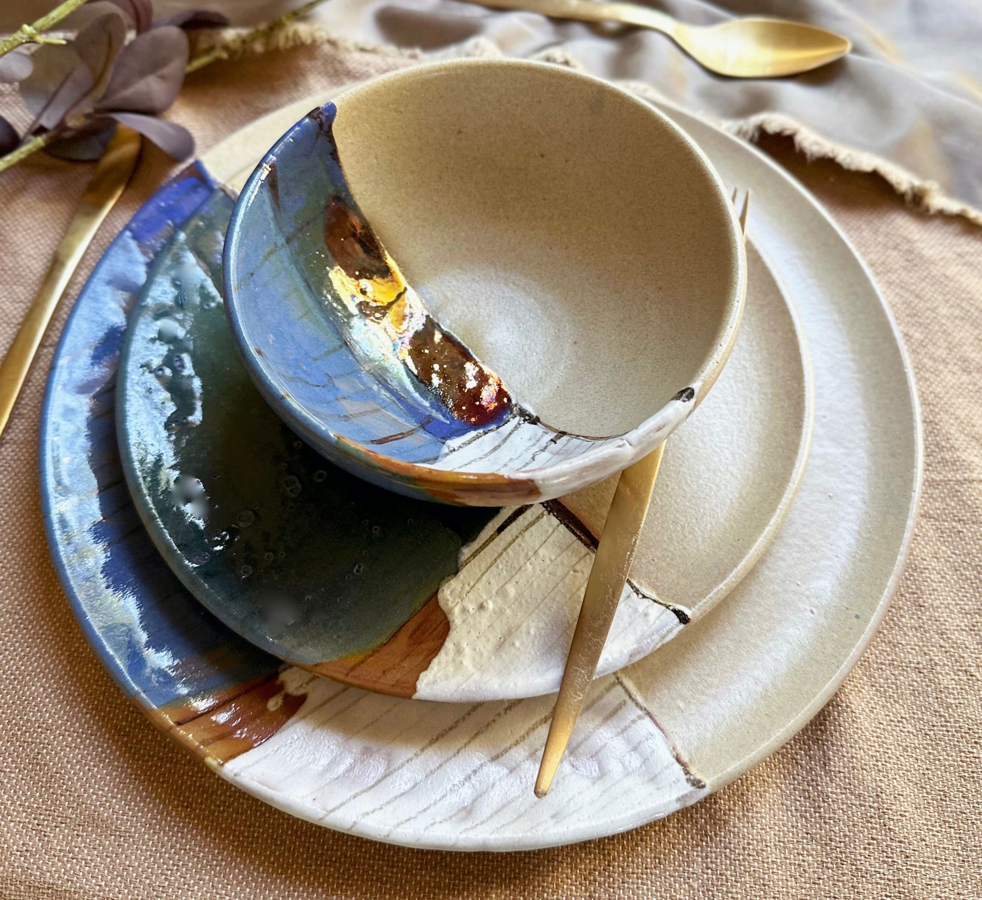 Beige Dinner Set | with Pastel Abstract Art & Metallic Stripe | 3-piece Artisanal Handmade Pottety/Ceramic Dinnerware | Artisan-made