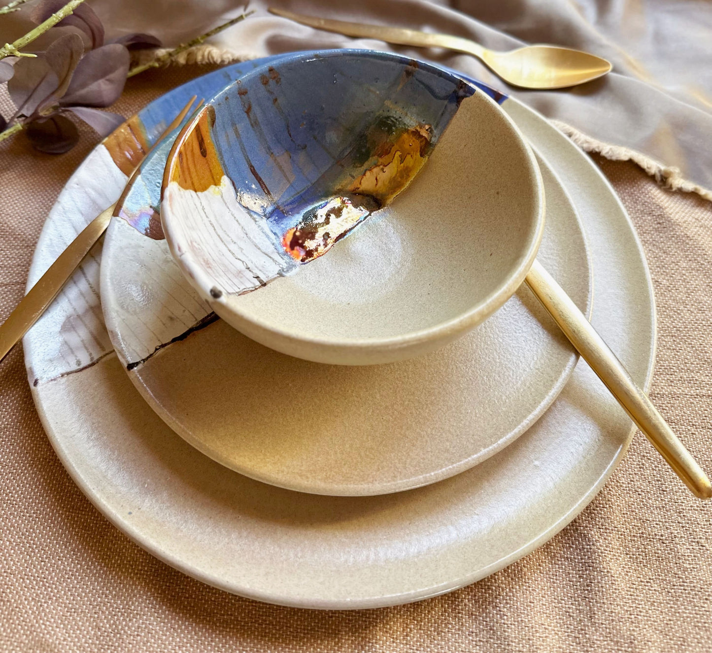 Beige Dinner Set | with Pastel Abstract Art & Metallic Stripe | 3-piece Artisanal Handmade Pottety/Ceramic Dinnerware | Artisan-made