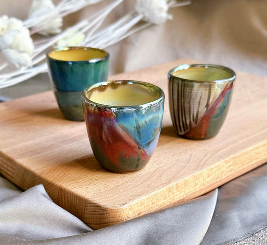 Artistic Espresso Cup Set | with Multi-Colored Glazing & Metallic Highlights | Abstract Art Handmade Ceramic Pottery Coffee Cup Set