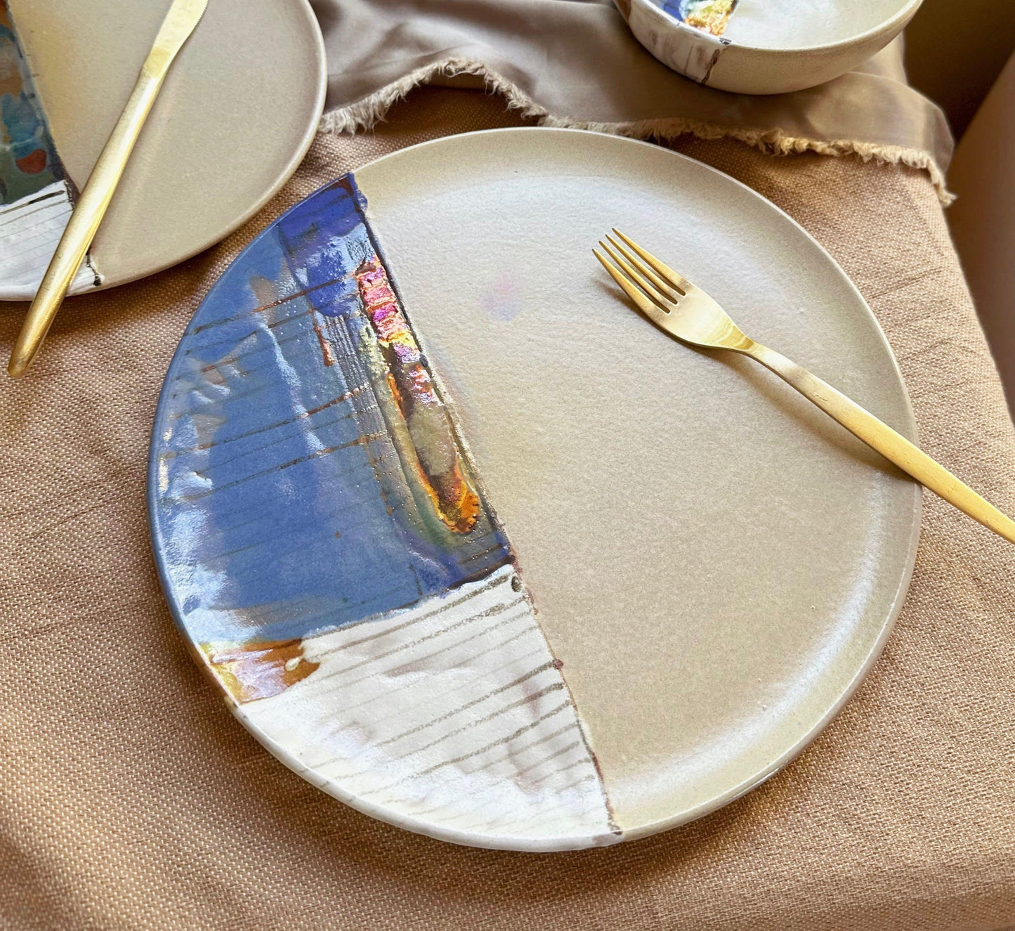 Beige Medium Plate Set | with Abstract Art Design & Metallic Stripe | For Salads, or Desserts | Artisan-made Handmade Dinner Set