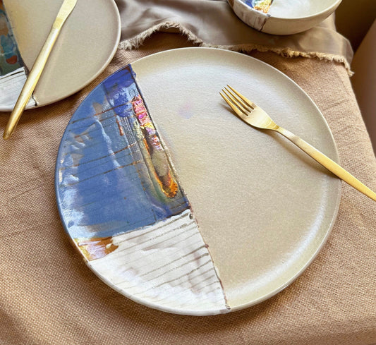 Beige Dinner Plate Set | with Pastel Abstract Art & Metallic Stripe | Artisanal Handmade Pottery Ceramic Dinnerware Set