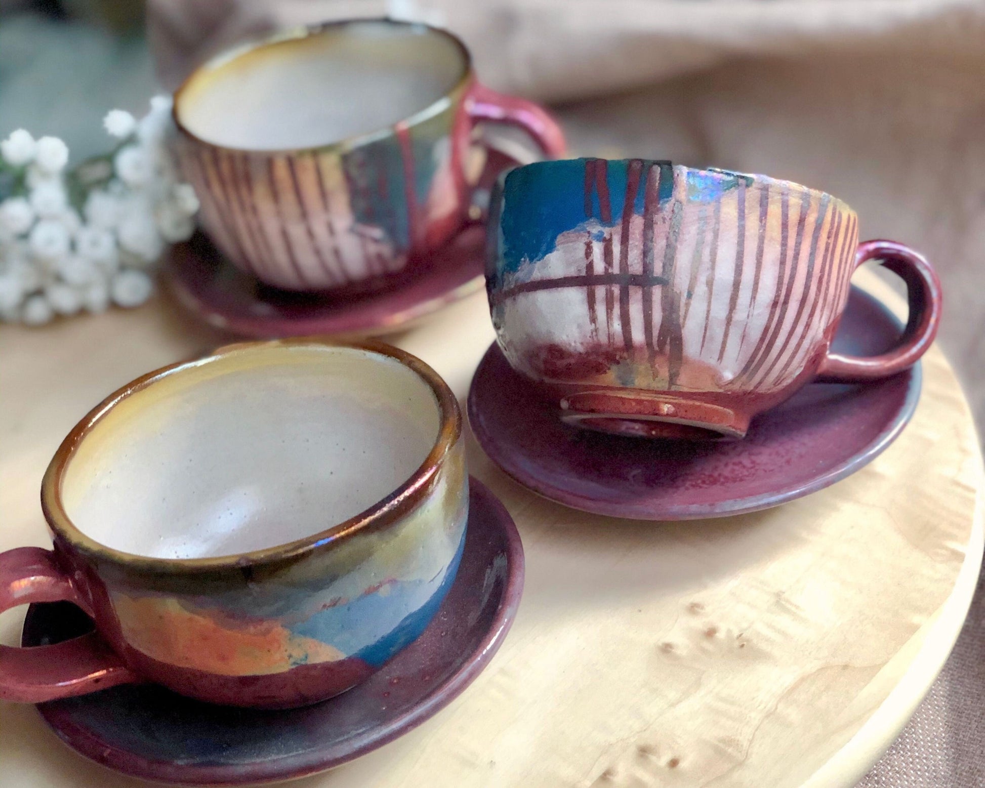 Artistic Big Cup & Saucer Set | for Cappuccino, Latte, Coffee, or Tea | featuring Multi-Color Abstract Art Design and Metallic Highlights