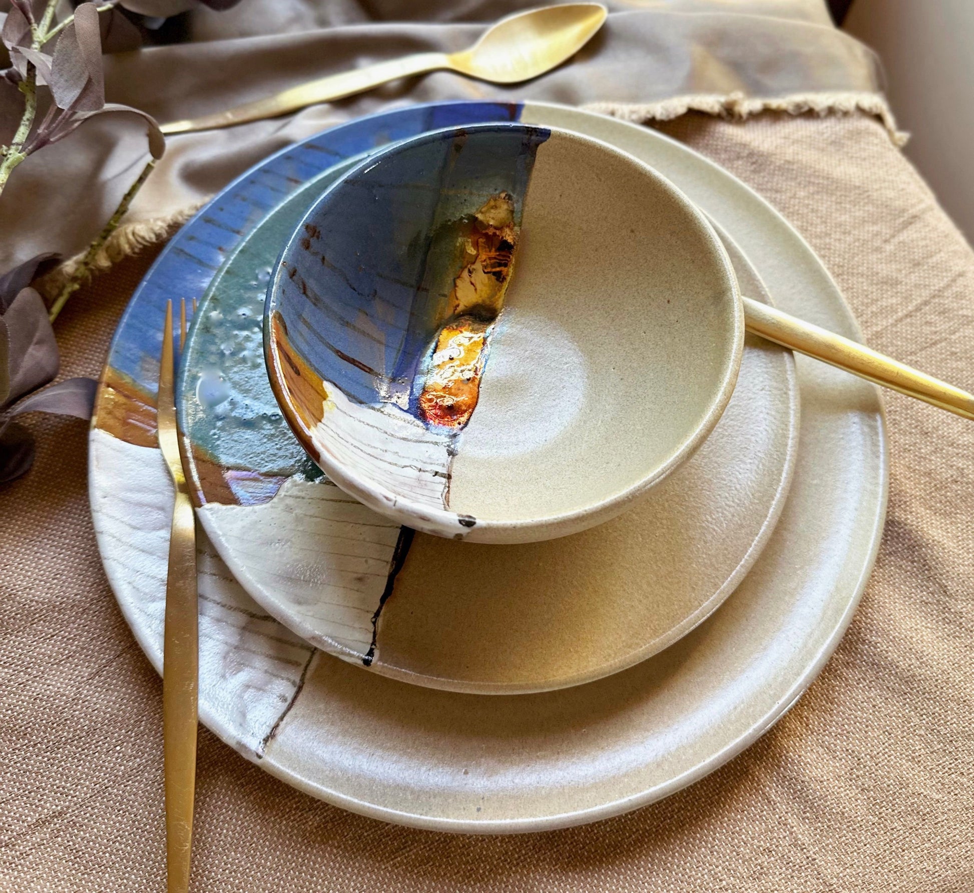 Beige Dinner Plate Set | with Pastel Abstract Art & Metallic Stripe | Artisanal Handmade Pottery Ceramic Dinnerware Set