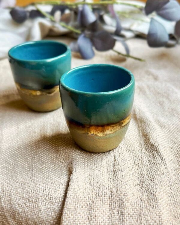 Peacock Blue/Teal Coffee/Espresso Handleless Cup/Mug with with Rustic green, and Gold Metallic Stripe - Artistic Handmade Cup Set