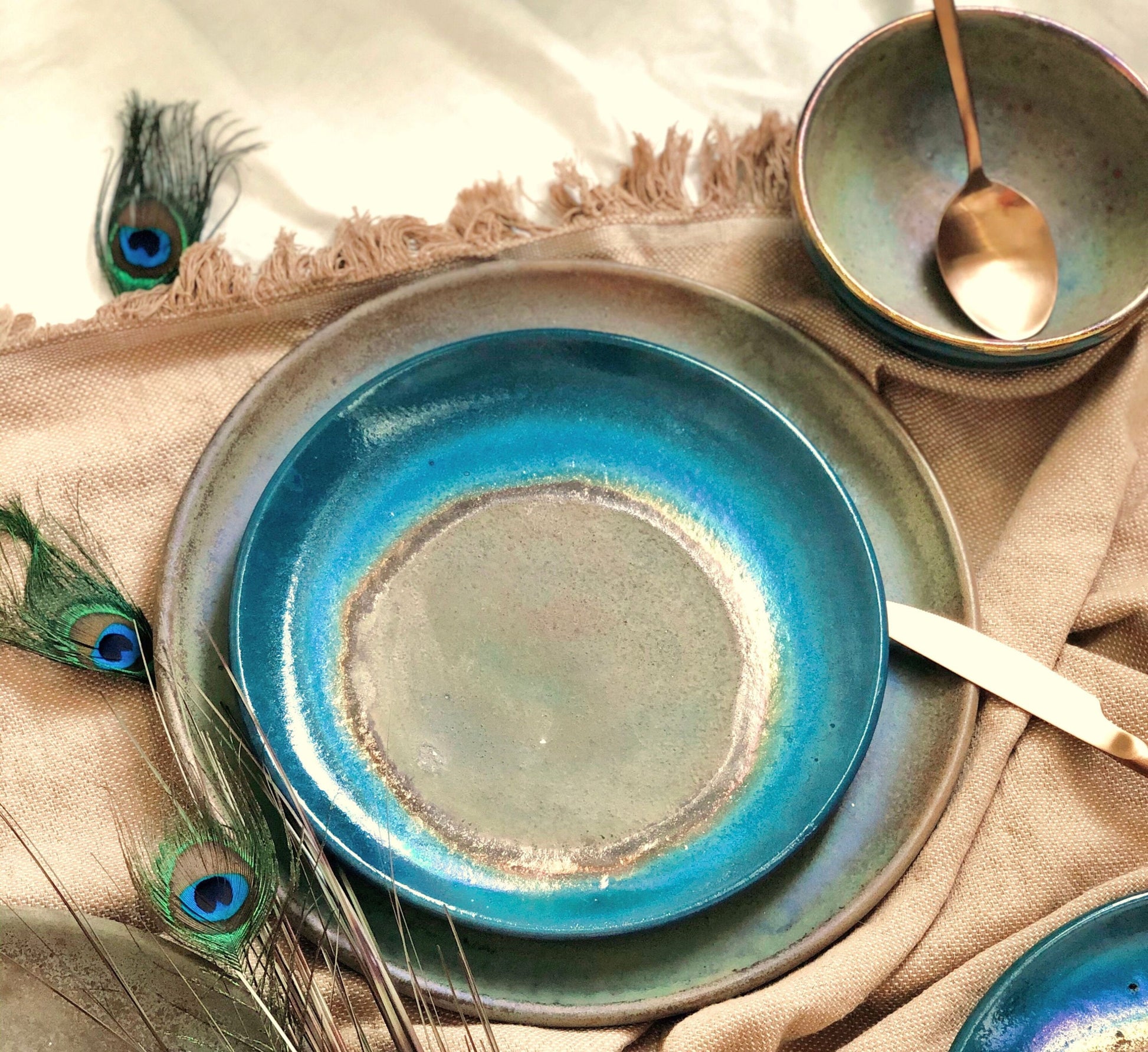 Blue Medium Plate | with Green & Gold Art | For Desserts and Salads | Glossy, Rustic, and Metallic Finish | Artisanal Handmade Dinner Set