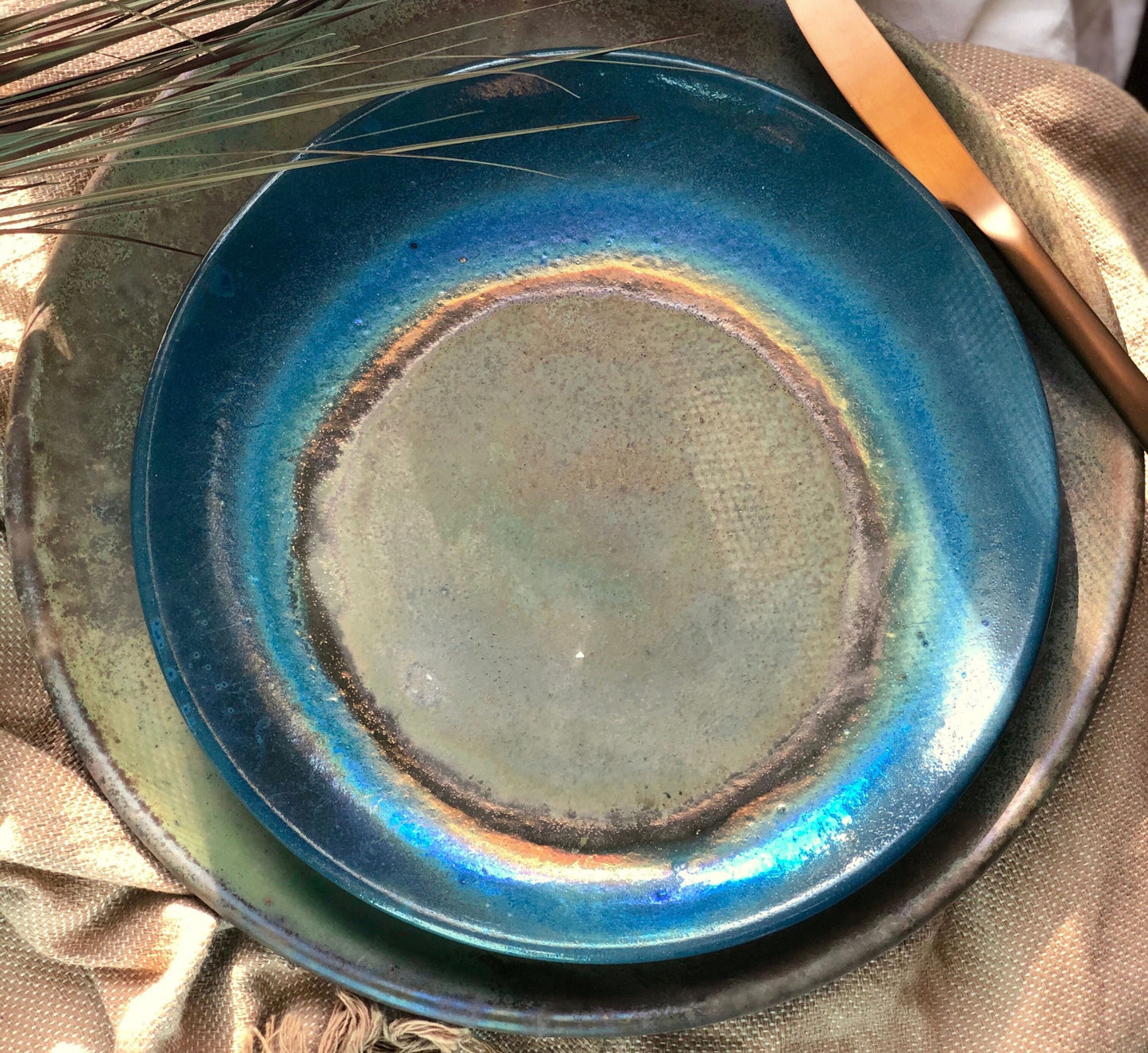 Blue Medium Plate | with Green & Gold Art | For Desserts and Salads | Glossy, Rustic, and Metallic Finish | Artisanal Handmade Dinner Set