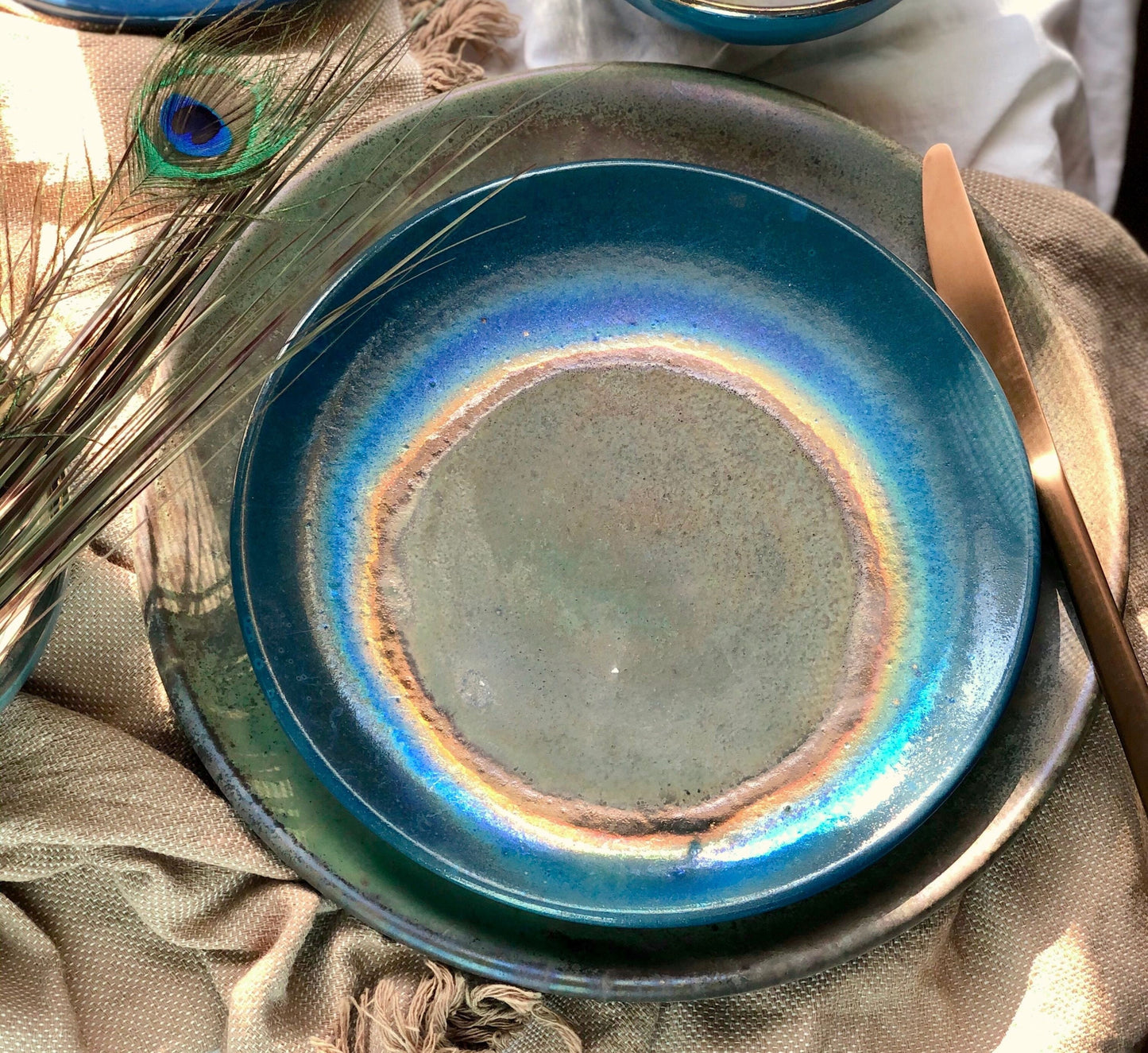 Blue Medium Plate | with Green & Gold Art | For Desserts and Salads | Glossy, Rustic, and Metallic Finish | Artisanal Handmade Dinner Set