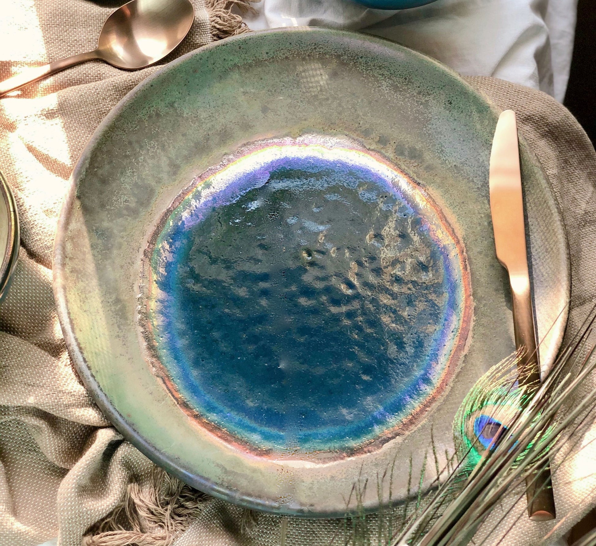 Green, Blue & Gold Dinner Plate Set | Rustic, Glossy Finish with Metallic Details | Artistic Unique Dinnerware | Ceramic Pottery Artisanal