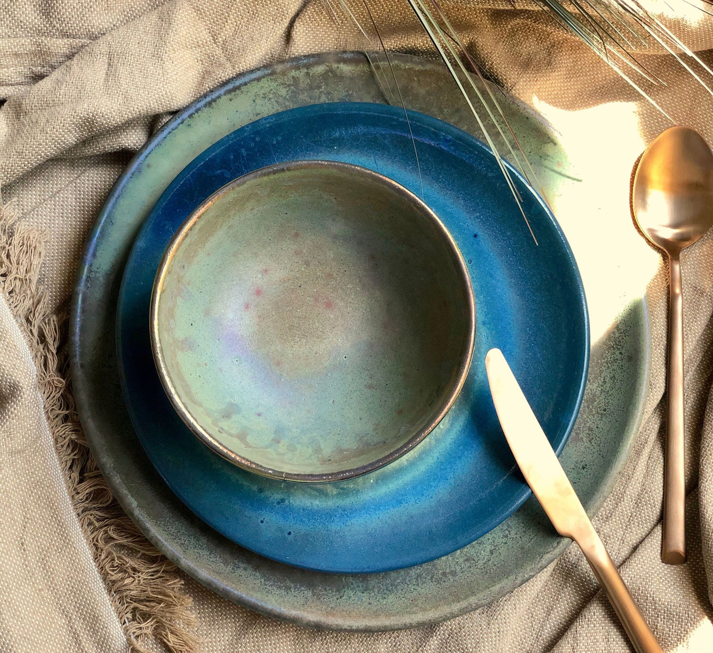 Green, Blue & Gold Dinner Set | Unique, Artistic with Rustic, Glossy and Metallic Finish | Handmade Pottery/Ceramic Artisan-Made Dishware