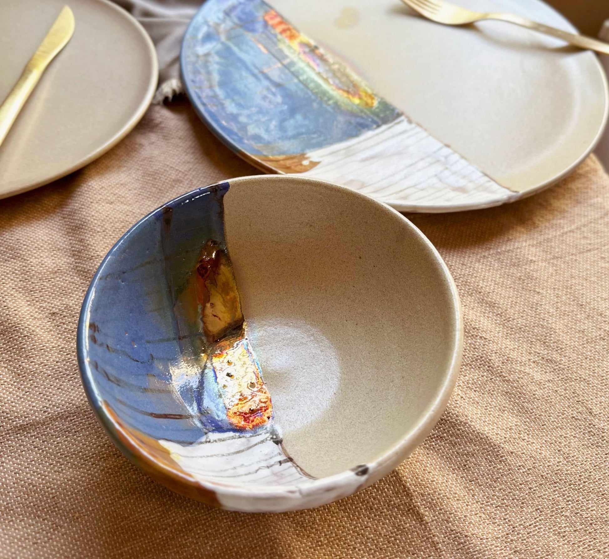 Beige Dinner Set | with Pastel Abstract Art & Metallic Stripe | 3-piece Artisanal Handmade Pottety/Ceramic Dinnerware | Artisan-made