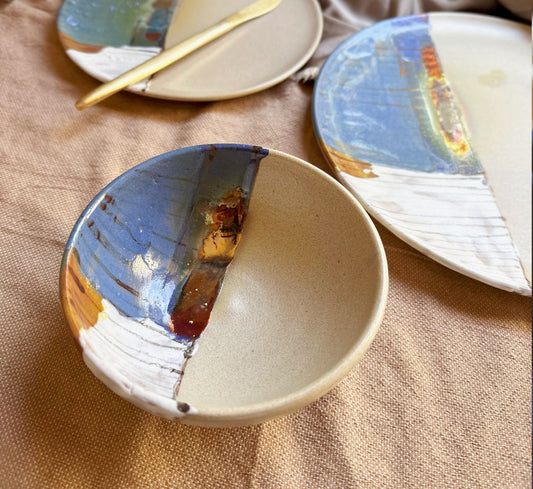 Beige Bowls Set | with Pastel Abstract Art | with Metallic Highlights | for Soup, Salads, or Appetizers | Artisanal Ceramic Dinner Set