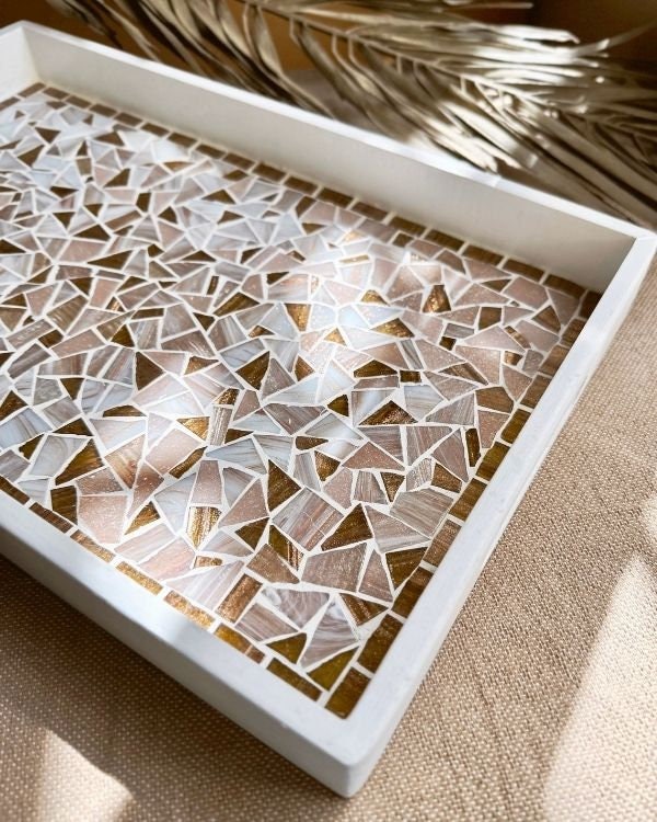 Mosaic Tray with Hazelnut, Brown, Pastel Pink, and Shimmering Pearl White Design | in a White Wooden Frame and Handle | Artisan-Made