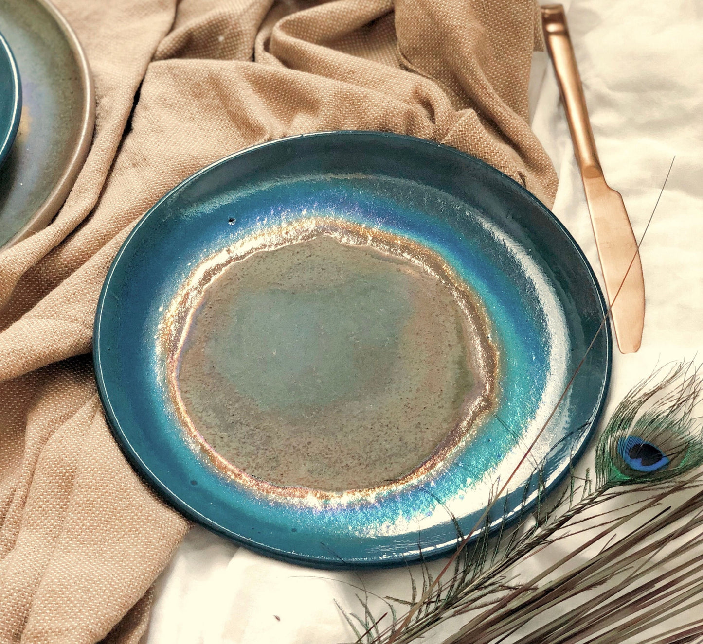 Blue Medium Plate | with Green & Gold Art | For Desserts and Salads | Glossy, Rustic, and Metallic Finish | Artisanal Handmade Dinner Set