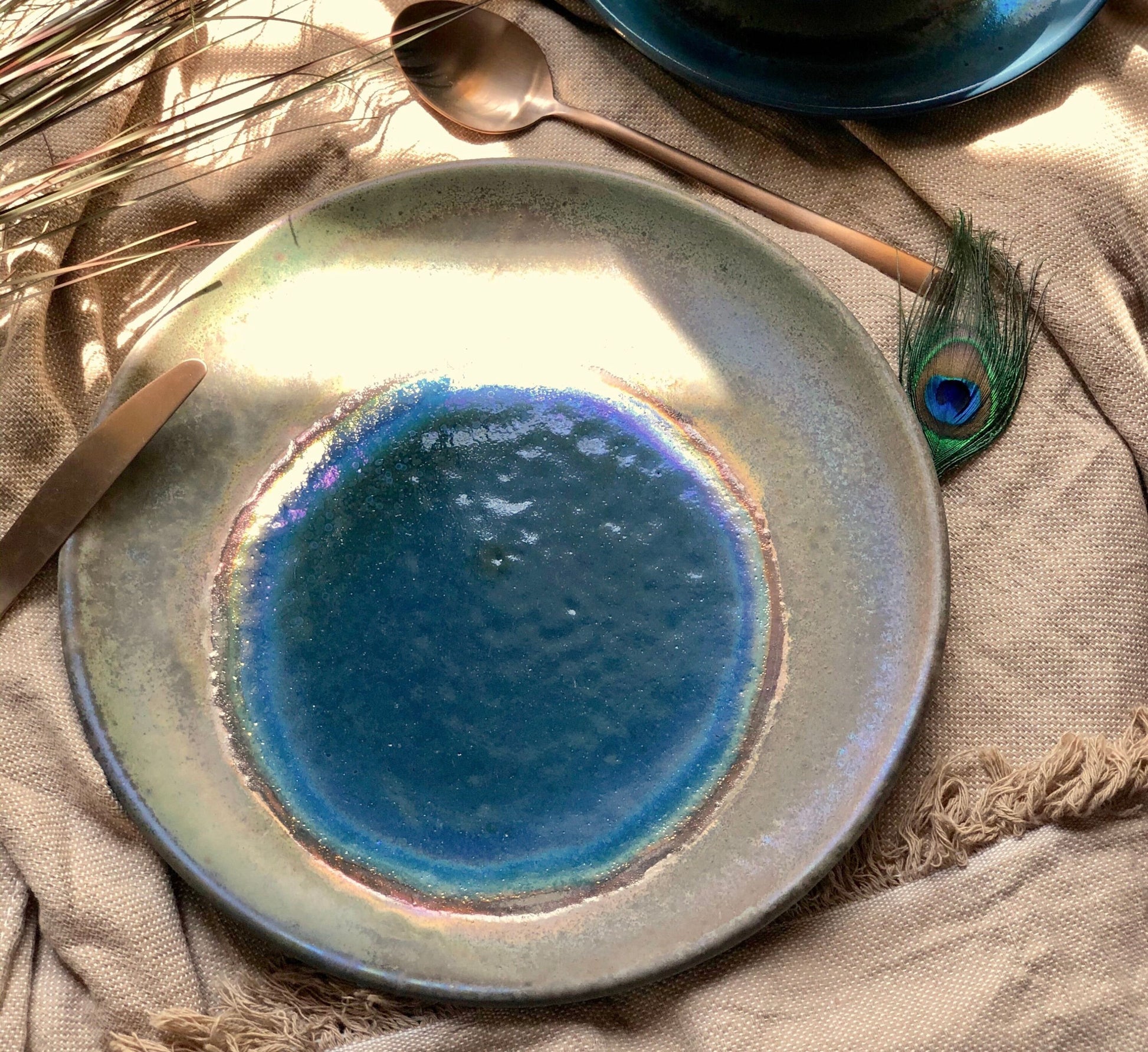 Green, Blue & Gold Dinner Plate Set | Rustic, Glossy Finish with Metallic Details | Artistic Unique Dinnerware | Ceramic Pottery Artisanal