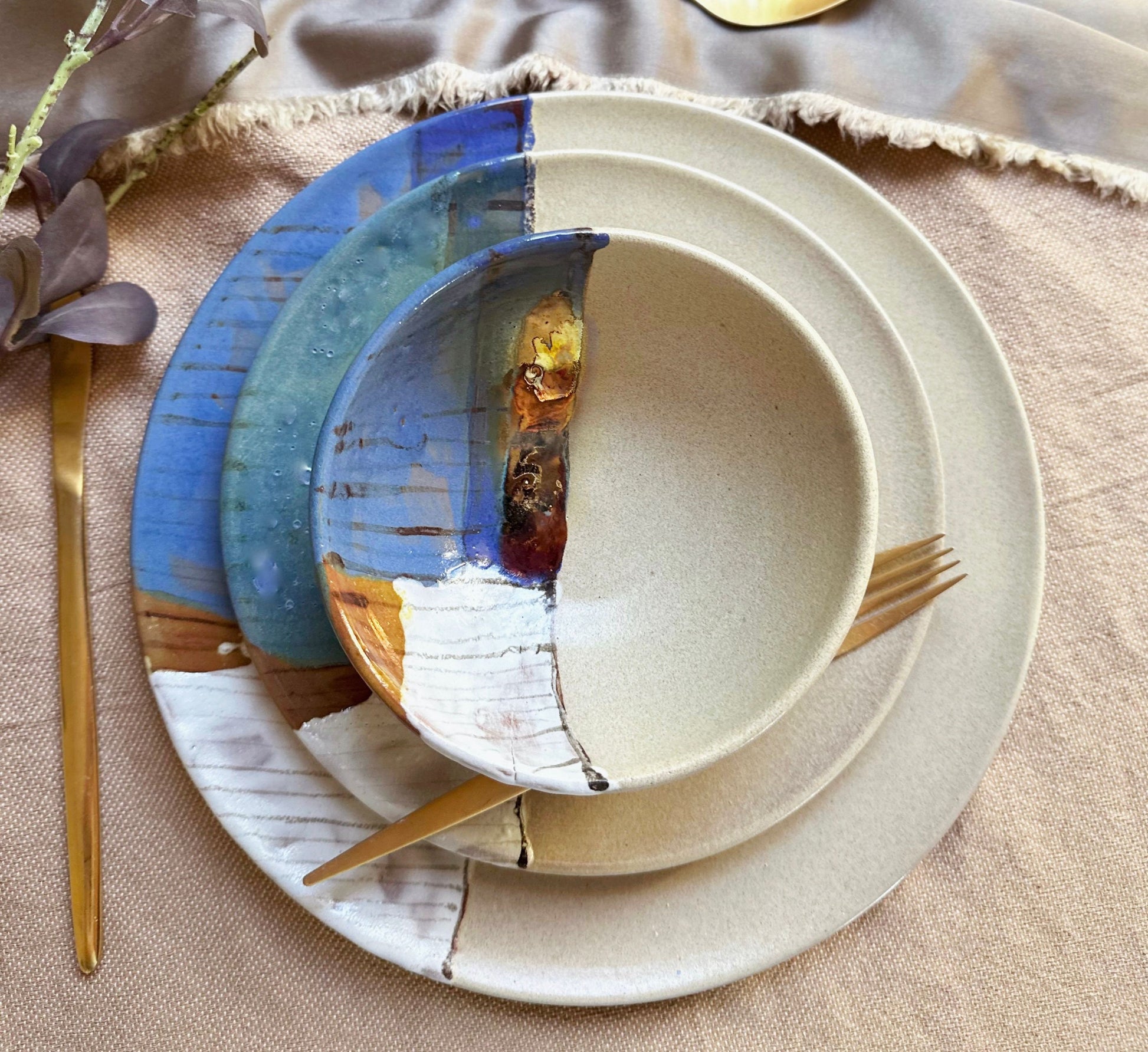 Beige Plates & Bowls Dinner Sets | with Abstract Art and Metallic Stripe | Artistic Handmade Dinnerware Sets for 6,8,2,4,10,12 people