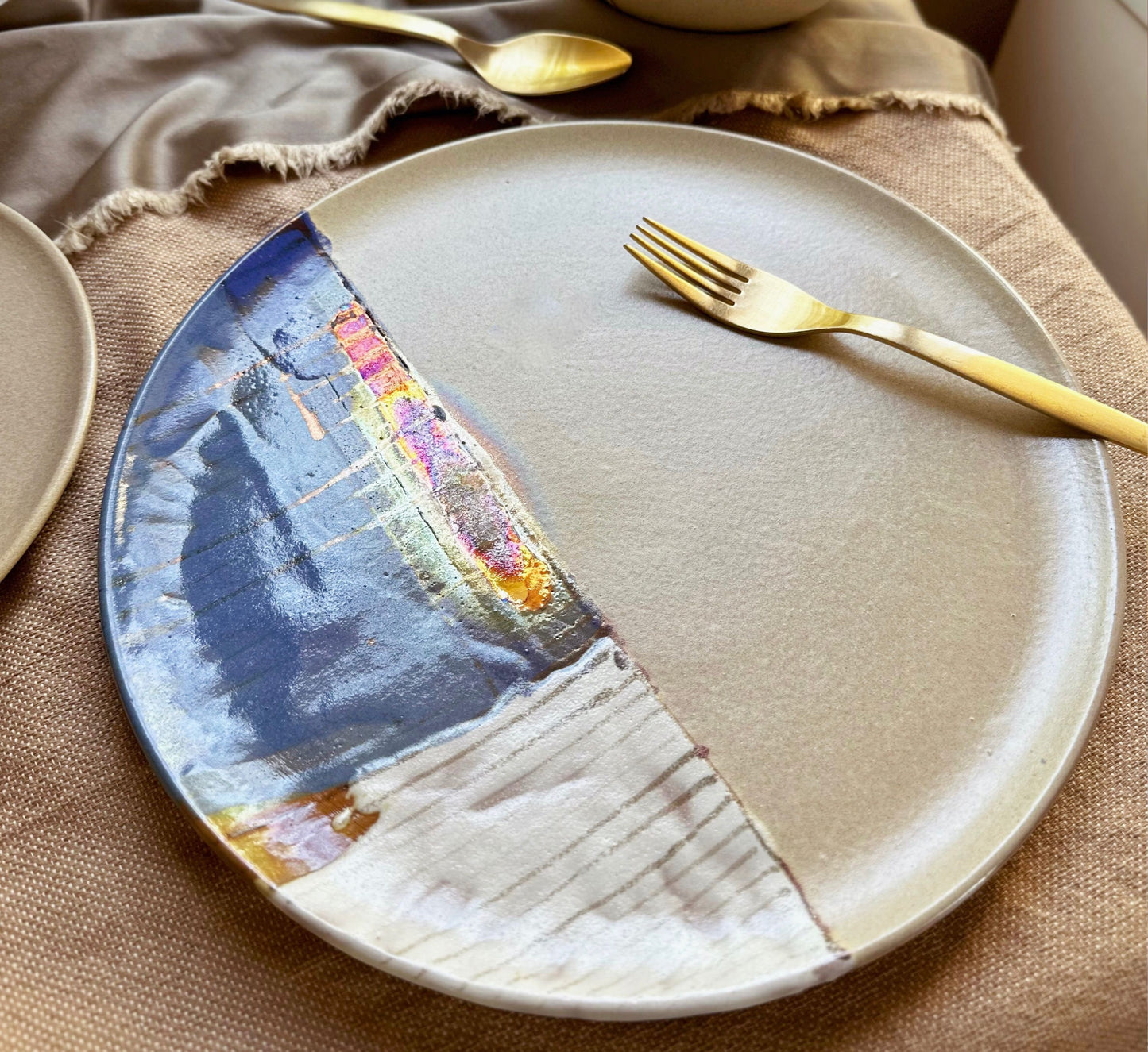 Beige Plates & Bowls Dinner Sets | with Abstract Art and Metallic Stripe | Artistic Handmade Dinnerware Sets for 6,8,2,4,10,12 people