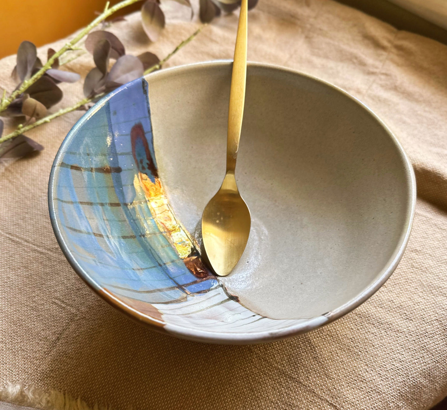 Beige Serving/Salad Bowl | with Abstract Art & Metallic Gold/Red Stripe | Artistic Handmade Artisanal Ceramic Serveware Serving Bowl