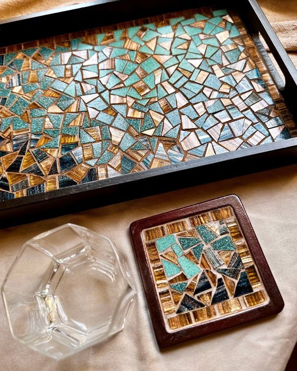 Mosaic & Wood Tray and Coaster Set | design featuring Teal, Blue, Brown and Hazelnut | in a Wooden Frame - Handmade Artisanal Home Decor