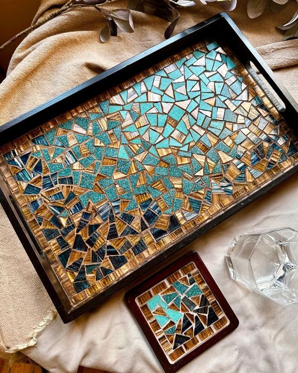 Mosaic & Wood Tray and Coaster Set | design featuring Teal, Blue, Brown and Hazelnut | in a Wooden Frame - Handmade Artisanal Home Decor