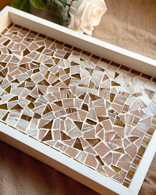 Mosaic Tray with Hazelnut, Brown, Pastel Pink, and Shimmering Pearl White Design | in a White Wooden Frame and Handle | Artisan-Made