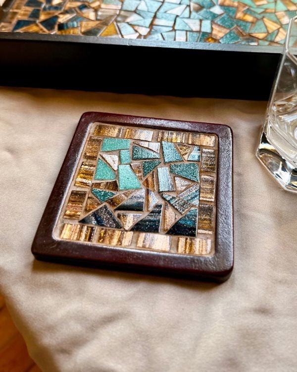 Mosaic & Wood Tray and Coaster Set | design featuring Teal, Blue, Brown and Hazelnut | in a Wooden Frame - Handmade Artisanal Home Decor