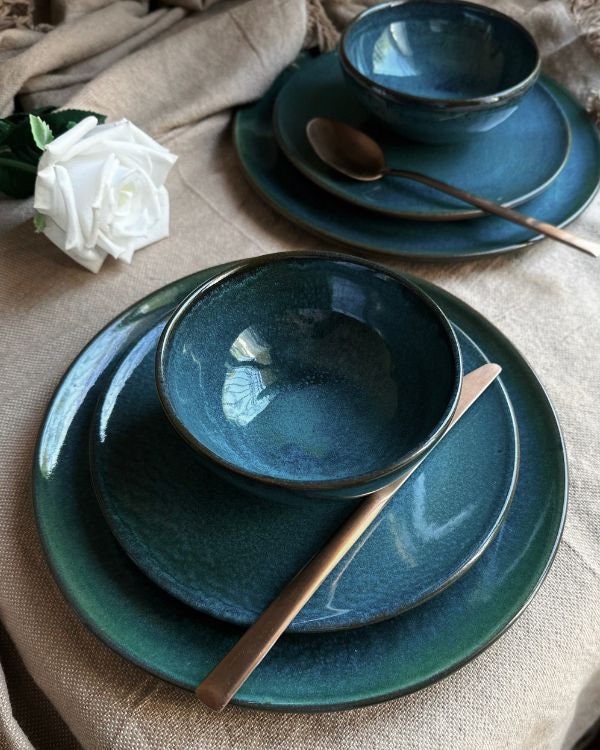 Blue & Navy Dinner Set | Random Hints of Green and Brown | 3-Piece with a Glossy Finish | Artisanal Handmade Pottery/Ceramic Dinnerware