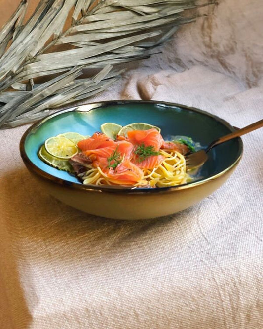 Peacock Blue Pasta Bowls Set | Metallic Gold Rim & Matt Rustic Green Exterior | Elegant Artistic Handmade Ceramic Dinnerware